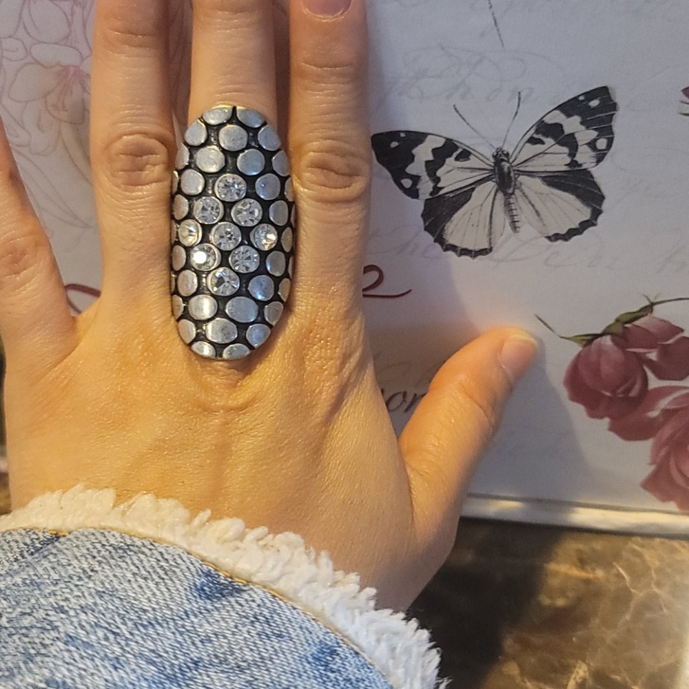 Adjustable silver and black ,white rheinstone ring